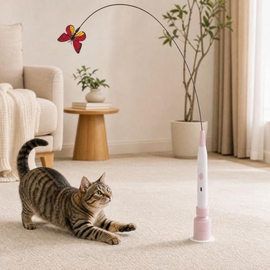Brinquedo Varinha Borboleta Elétrica para Gatos, Vara de Provocar Gatos com Ventosa, Brinquedo Automático Interativo de Vara para Provocar Gatinhos para Exercício e Brincadeira de Gatos