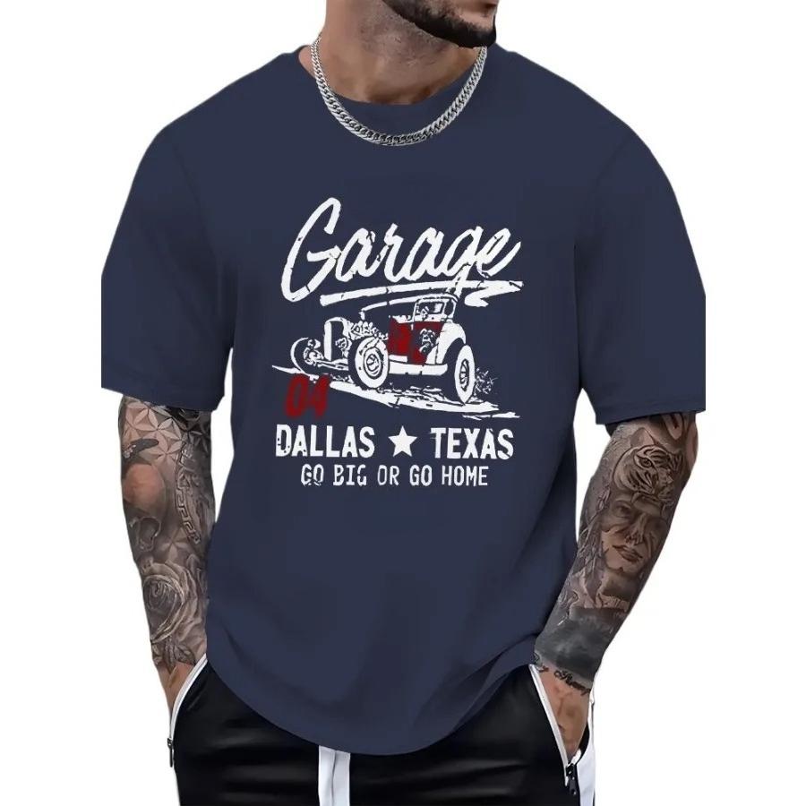 Casual Summer TshirtGarage Pattern with 100 Cotton Print of Classic Cars Round Neck and Shortsleeved Tshirt