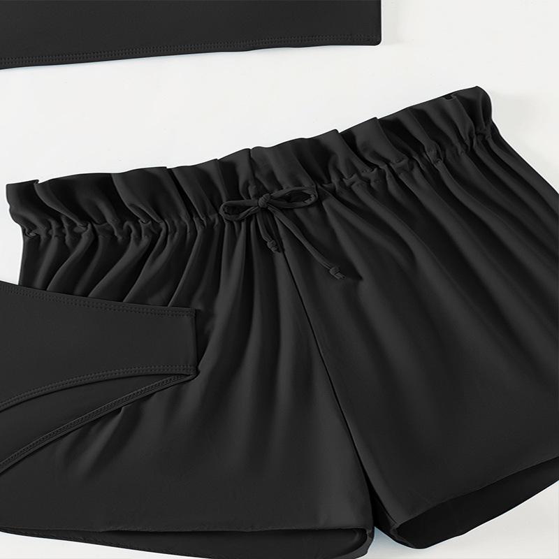 2024 Girls' Solid Color Bandeau Swimsuit Set - 3-Piece Sporty Separates