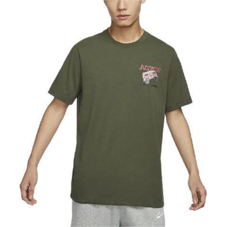 Nike Vzor s potiskem písmen Americký retro Žebrovaný kulatý výstřih Ležérní pohodlné Tričko s krátkým rukávem Pánské topy Khaki-zelená FQ3765-325