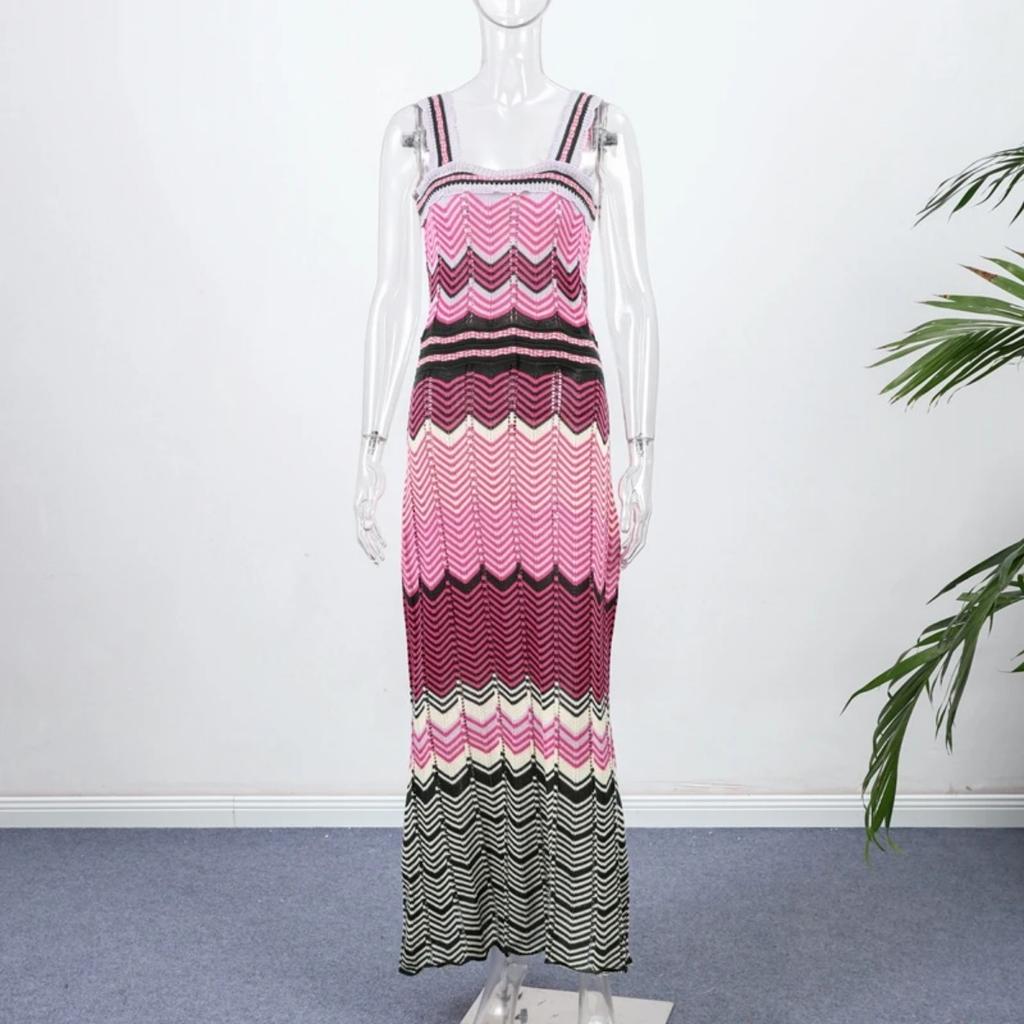 Elegant Knitting Dress Women Slim Sleeveless Square Collar Sling Long Dresses New Female Vacation Fashion Robes