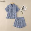 ZANZEA Women Short Sleeve Blouse and Shorts Summer Stripe Print Two Piece Suit Sets