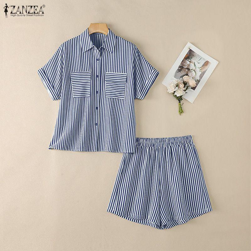 ZANZEA Women Short Sleeve Blouse and Shorts Summer Stripe Print Two Piece Suit Sets