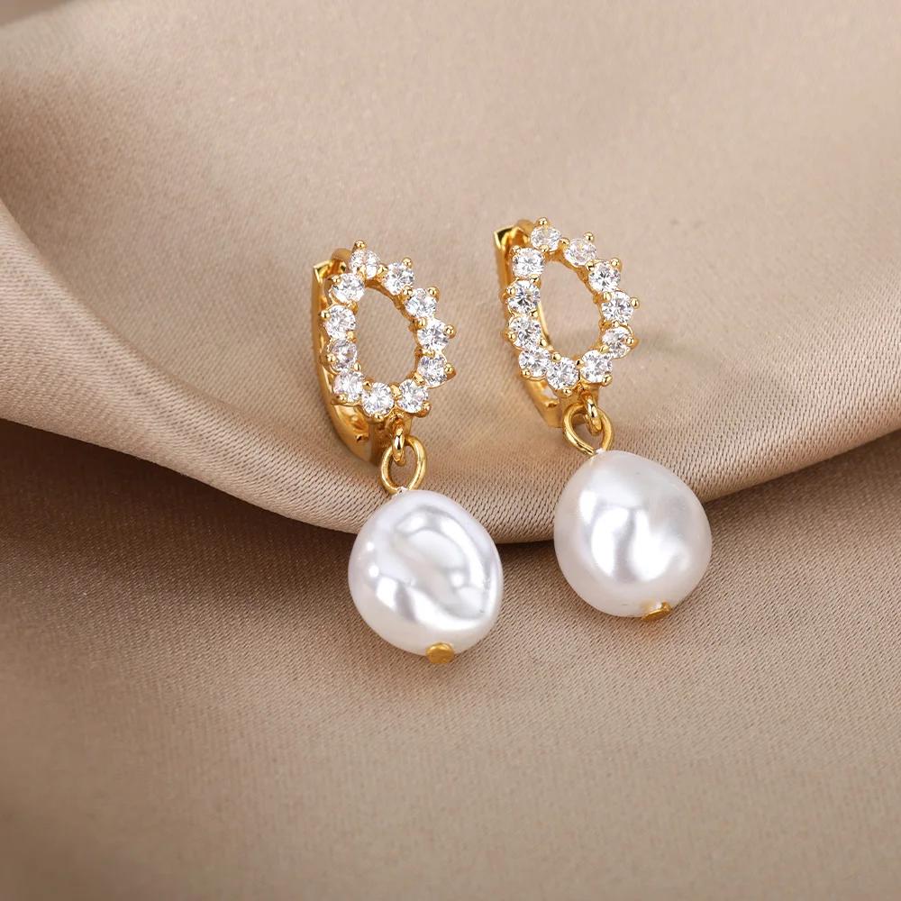 

Baroque Pearl Earrings For Women Stainless Steel Zircon Water Droplet Steel Ring Drop Earring Wedding Party Jewelry Bijoux Femme
