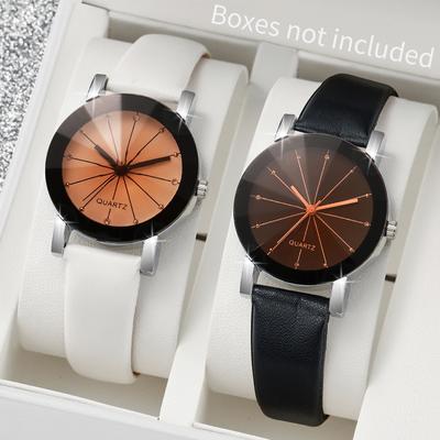 2PCS Fashion Women's Watches Rhinestone Dial Quartz Watch Casual Leather Band Wristwatches