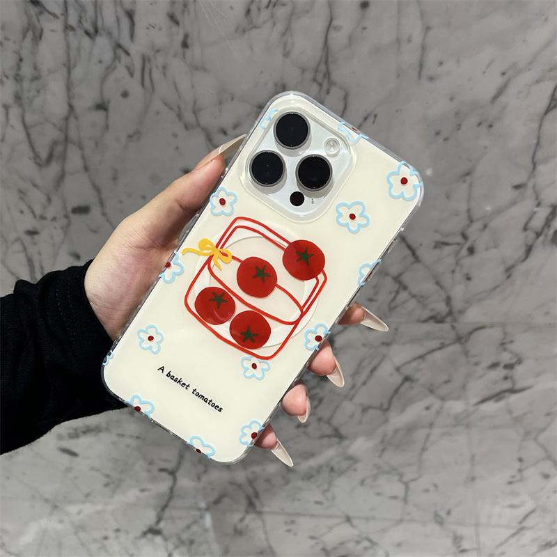 

Korean cute flower Tomato magnetic stand wireless charging phone case for iPhone 16 Pro 15 Promax 14 13 Grip Tok Holder Capa for iphone 13