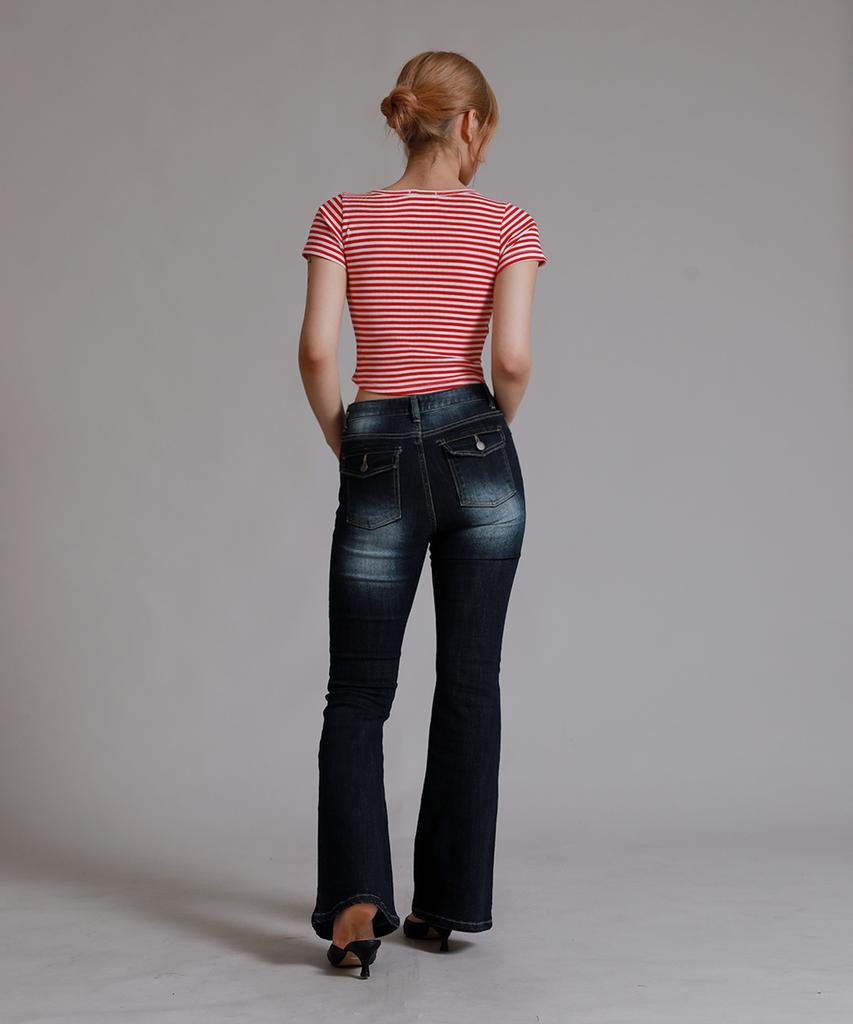 LIKE THE MOST Striped Henley Neck Half T-Shirt_Red
