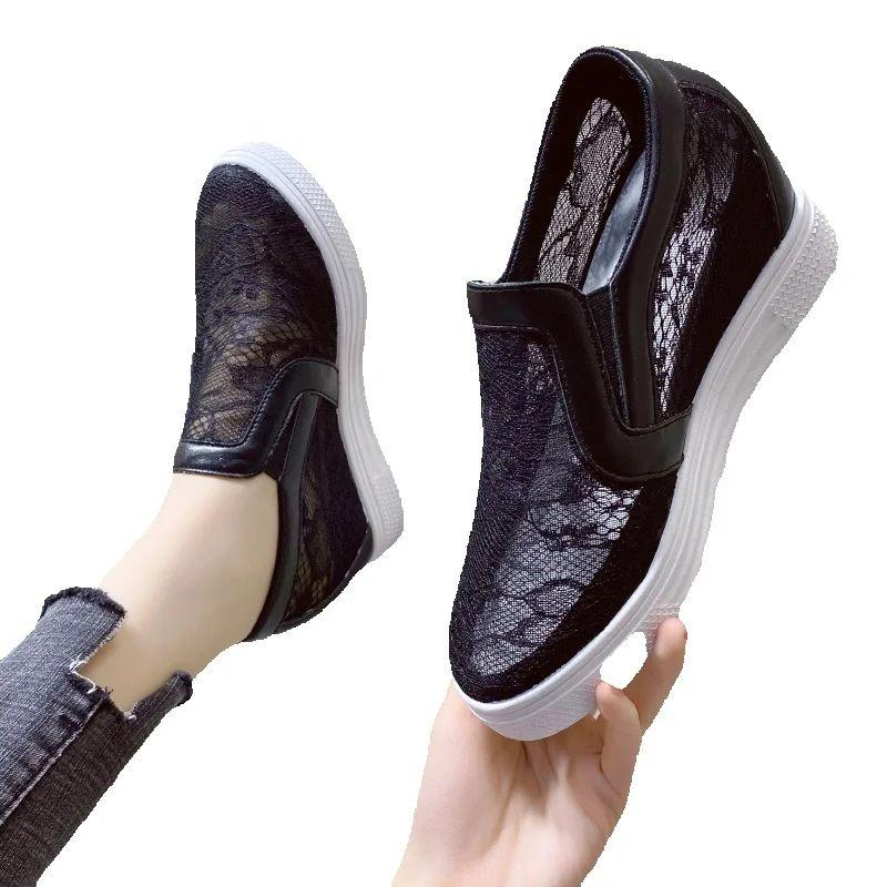 Women Wedge Platform Sneakers Rubber Leather High Heels Lace Up Shoes Pointed Toe Height Increasing Creepers White 2023