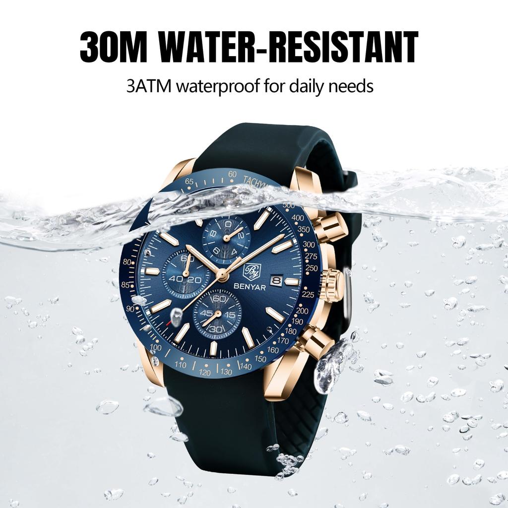 BY BENYAR Chronograph Analog 30M Water Leather Strap Quartz Blue Gift for Men Men's Watch, Resistant, Simple, Stylish, Popular, Formal, Movement,