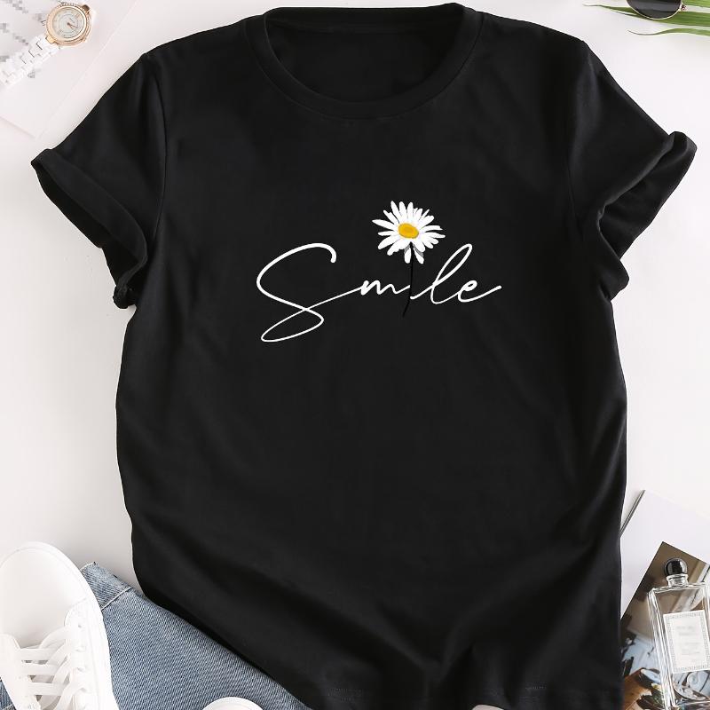 Blumen- & Buchstaben-Print Rundhals-T-Shirt Lässiges Kurzarm-T-Shirt für Sommer Damenbekleidung Bequeme Weiche Kreative Oberteile