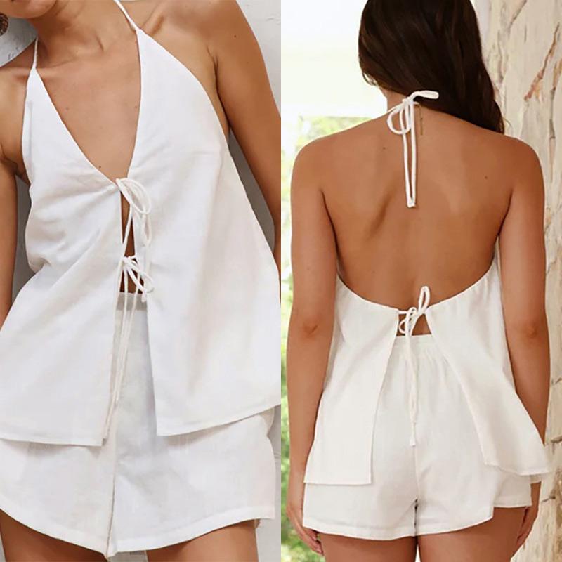 Women's Vacation Suits 2025 Summer Autumn Latest Solid Color Sexy Cotton Linen Hanging Neck Sleeveless Slim Fit Hot Shorts Lace Up Set
