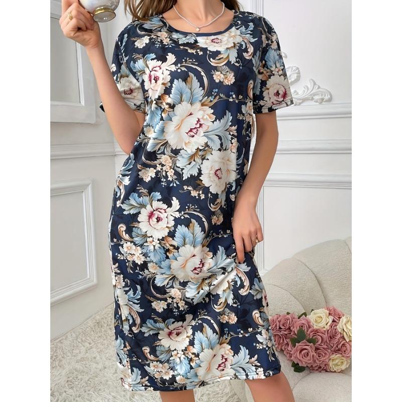 Velká velikost, Kulatý výstřih, Krátký rukáv, Modrý květ meruňky, Domácí oblečení, Noční košile, Šaty, Ležérní, Dámské oblečení s potiskem