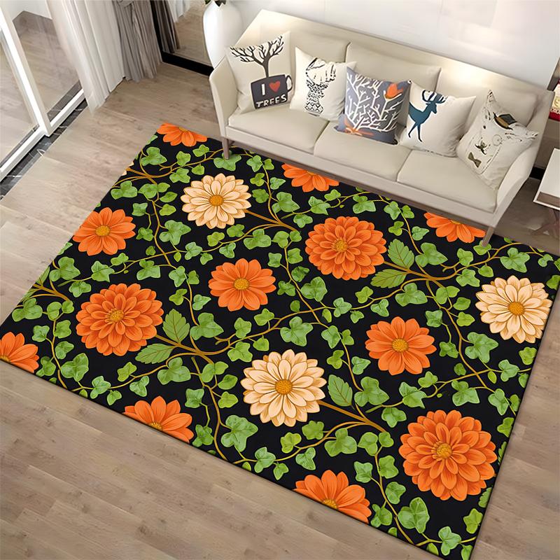 Floral Carpet with Orange and White Flowers On Black Background Suitable for Use As an Anti-slip for Living Room Bedroom Sofas