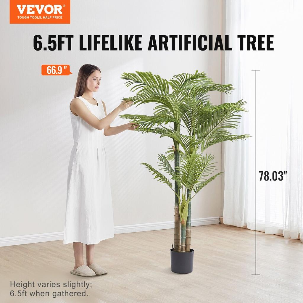 Artificial Gold Cane Palm Tree, 2m Tall Faux Plant, PE Material & Anti-Tip Tilt Protection Low-Maintenance Plant, Lifelike Green Fake Tree for Home