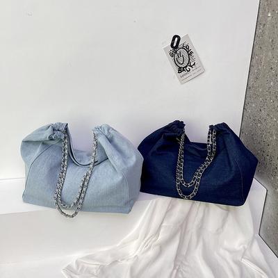 Large Capacity Denim Bag Women's Lightweight New College Student Class Shoulder Bag Chain Tote Bag