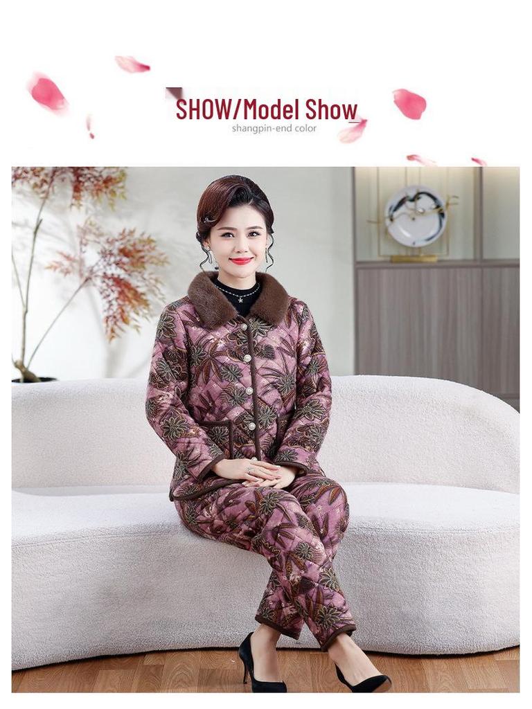 Chic Winter Cotton Outfit: Velvet-Lined Jacket & Pants Set for Middle-Aged and Elderly Women