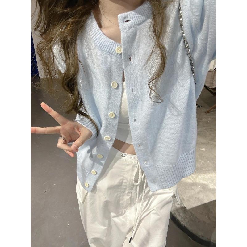 

Milk blue sweet knitted cardigan single-breasted jacket women s spring and autumn small soft waxy sweater top L синій