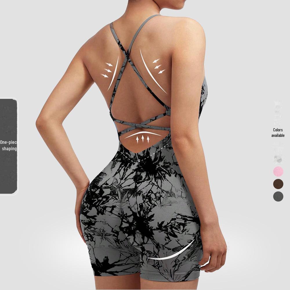 Nahtloser Yoga-Anzug mit Brustpolster - Damen Einteiler Fitness-Shorts & Schönes Rückendesign