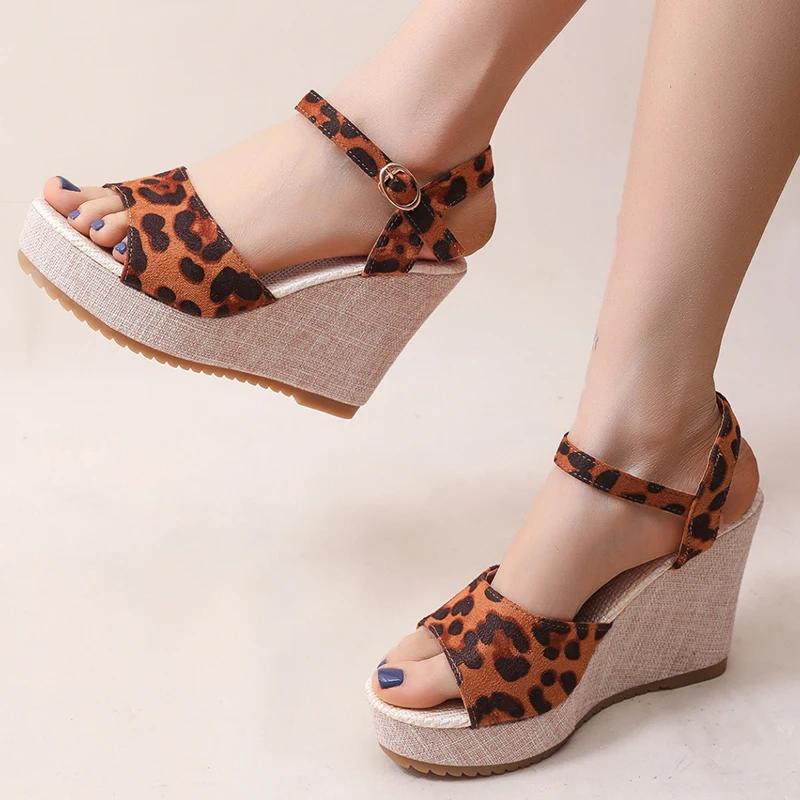 Fashion Vintage Leopard Print Platform Sandals for Women Summer Buckle Wedge High Heel Sandal Female Outdoor Anti-Slip Sandalias Mujer
