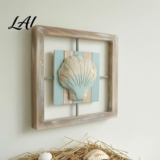 Nordic Style Hanging Decor 3D Conch/Starfish/Shell Wooden Frame Wall Art Distressed Coastal Decoration Small Beach House Ornaments Ocean Inspired
