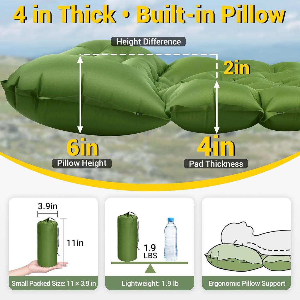 Camping Sleeping Pad, Backpacking Sleeping Pad With Built-In Pillow And Foot Pump, 4in Thick Compact Inflatable Camping Air Mattress For Hiking