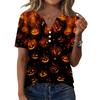 Women's Halloween Print Loose Fit V Neck Short Sleeve Top with Button Detail and Front Pocket Casual Blouse for Seasonal Wear