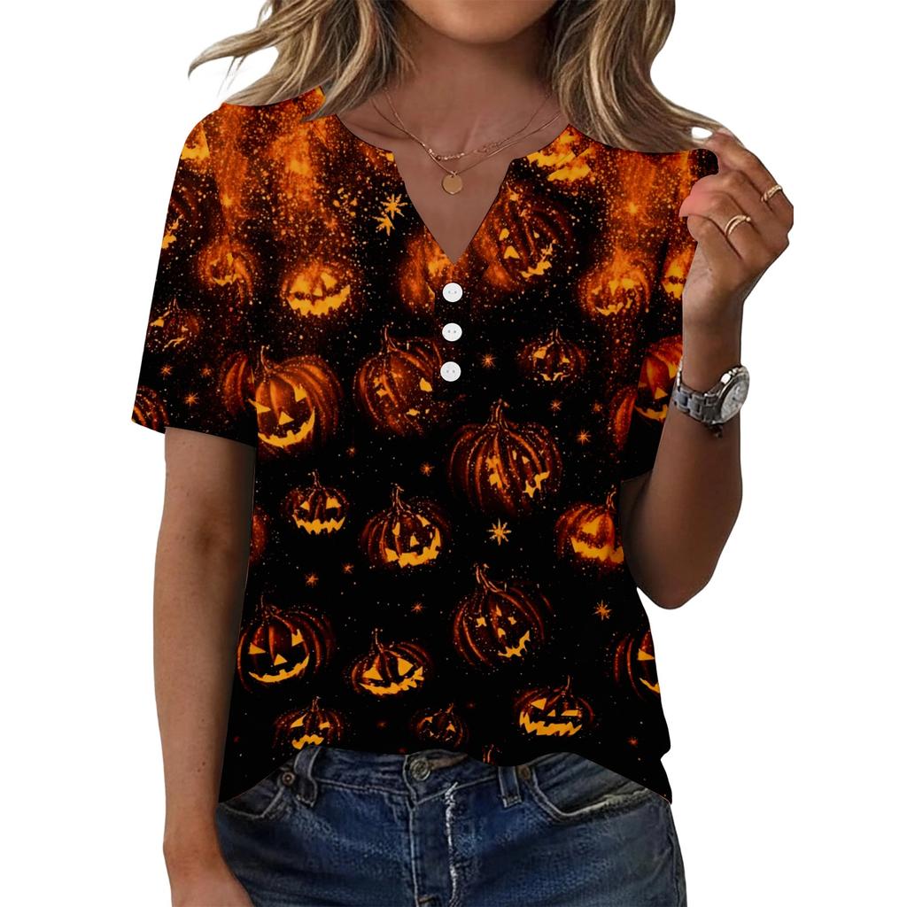 Women's Halloween Print Loose Fit V Neck Short Sleeve Top with Button Detail and Front Pocket Casual Blouse for Seasonal Wear