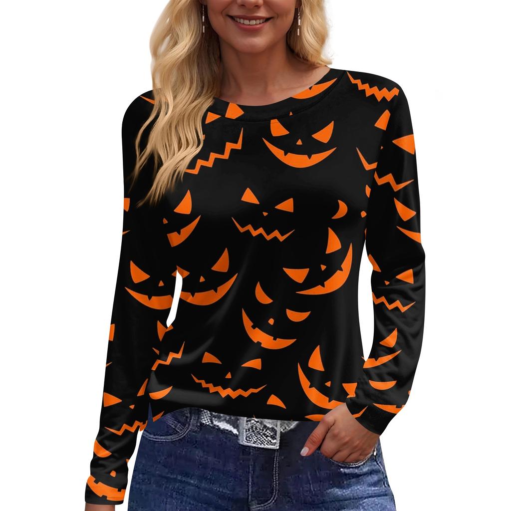 Women's Fashion Long Sleeve Top Crew Neck Halloween Print Split Hem Casual Shirt Lightweight Comfortable Fit