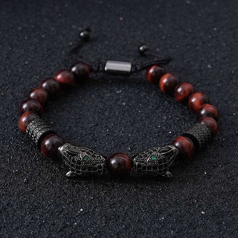 Luxury Tiger Eye Stone Beads Man Bracelet Leopard Head Charms Women Bracelets Couple Jewelry Christmas Gift
