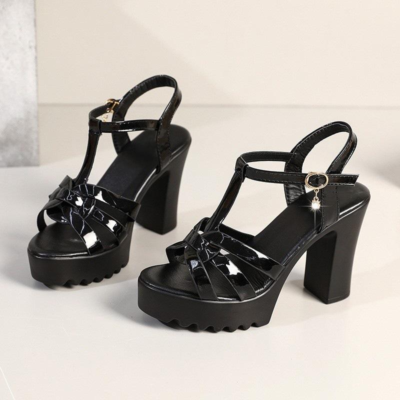 

римские сандалии на толстой подошве женские лето 2025 новые женские туфли на толстом каблуке на водонепроницаемой платформе на толстой подошве на высоком каблуке с открытым носком туфли с вырезом «рыбий рот» 42 чёрный