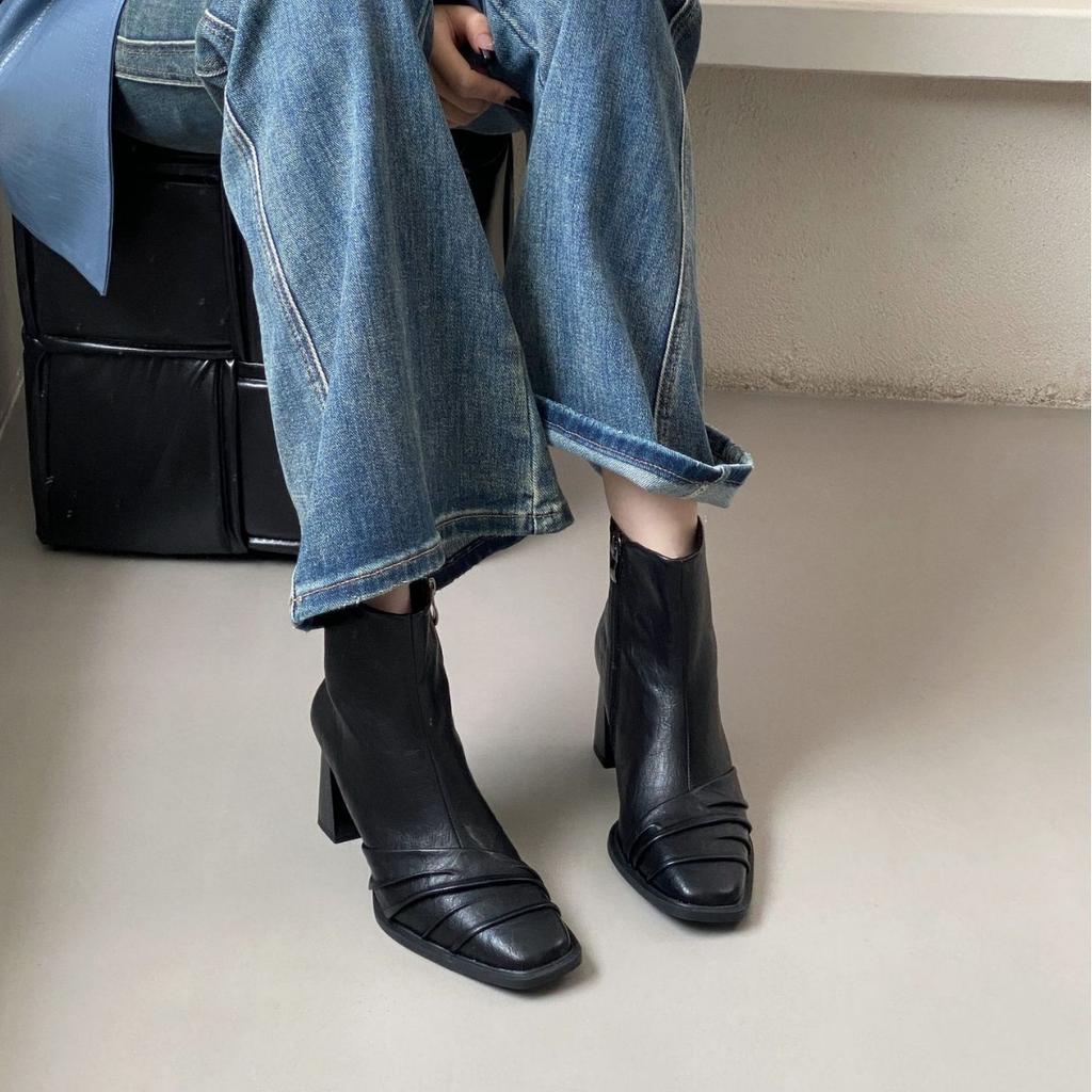 2025 new side zipper versatile high-heeled boots fashionable temperament short boots retro pleated thin boots women