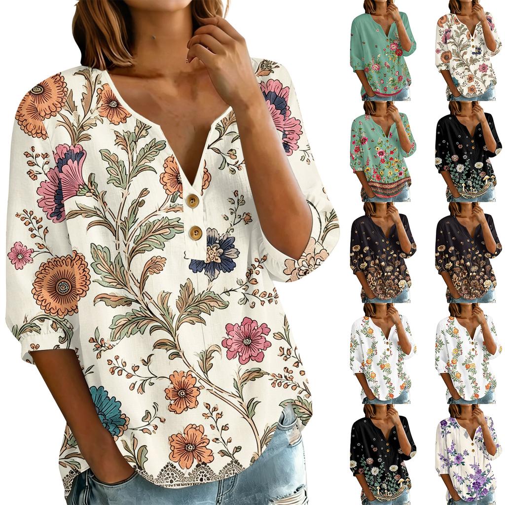 Women's Floral Print Henley Neck Button Front Shirt Three Quarter Sleeve Cotton Linen Blouse Casual Loose Fit