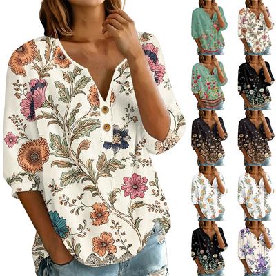 Women's Floral Print Henley Neck Button Front Shirt Three Quarter Sleeve Cotton Linen Blouse Casual Loose Fit