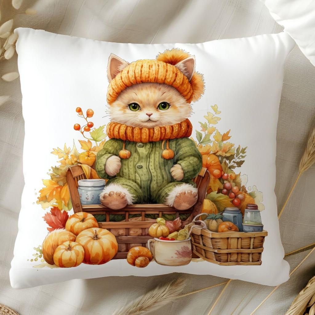 Cartoon Cat Pattern Square Polyester Pillowcase Sofa Living Room Decorative Cushion Cover Bedroom Bedside Pillow Cover