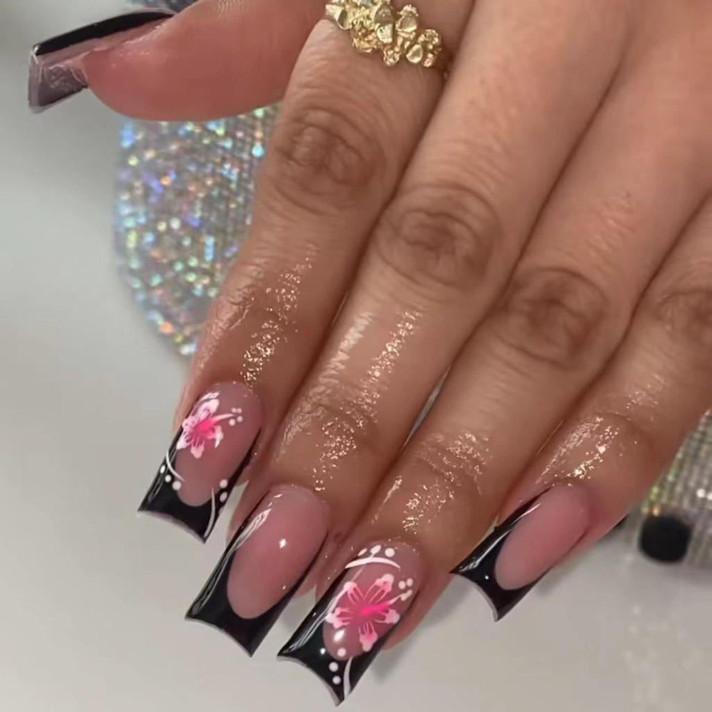24pcs French False Nails Pink Flowers Short Coffin Fake Nail Tips for Girl Wearable Sweet Korean Simple Nude Pink Press On Nails