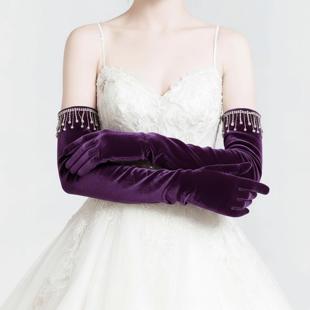 Solid Color Velvet Long Gloves Rhinestone Tassel Evening Dress Gloves  Dress-Up  Accessories