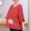 Women's Plus Size Chinese Embroidery Top – 3/4 Sleeve Round Neck Textured Blouse (Sizes 3XL-8XL) for Middle-Aged Ladies
