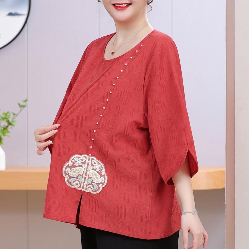 Women's Plus Size Chinese Embroidery Top – 3/4 Sleeve Round Neck Textured Blouse (Sizes 3XL-8XL) for Middle-Aged Ladies