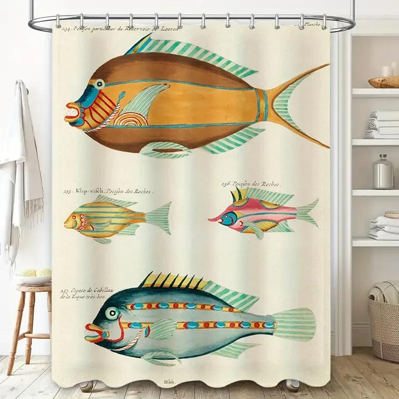 Fish Pattern Shower Curtain Fabric Waterproof Bathroom Decor Home Decoration Wall Hanging Watercolor Print