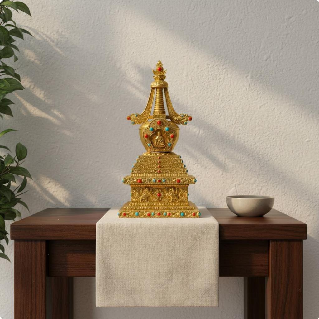 Brass Sarira Stupa Auspicious Decor Crystal Embedded Stupa Decoration Religious Item Handmade House Decoration Intricate Design