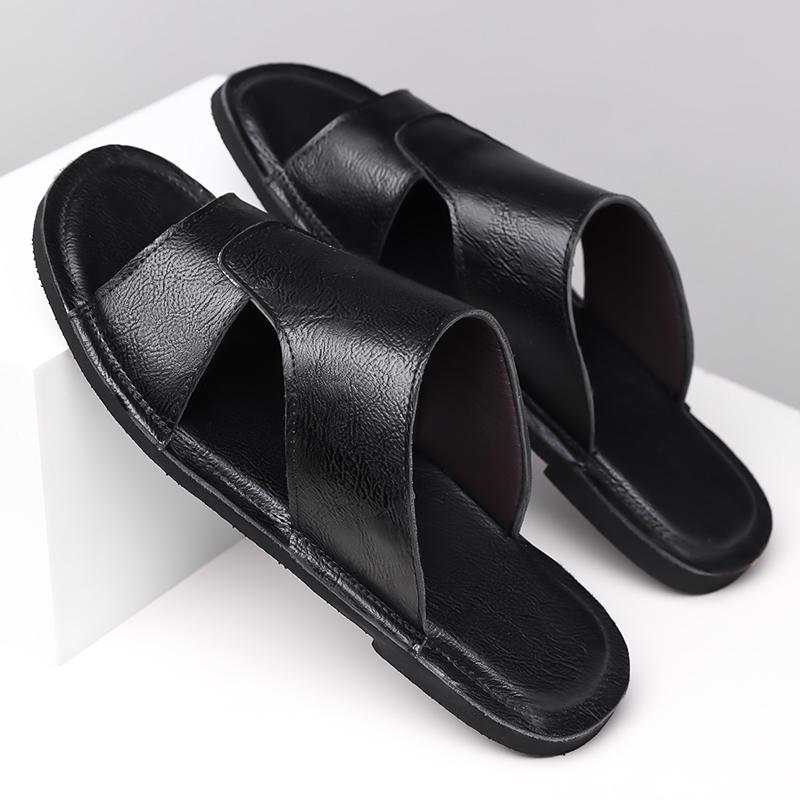 Men Black Leather Slippers Handmade Simple Flats Summer Brown Roman Sandals Open Toe Beach Shoes Plus Size