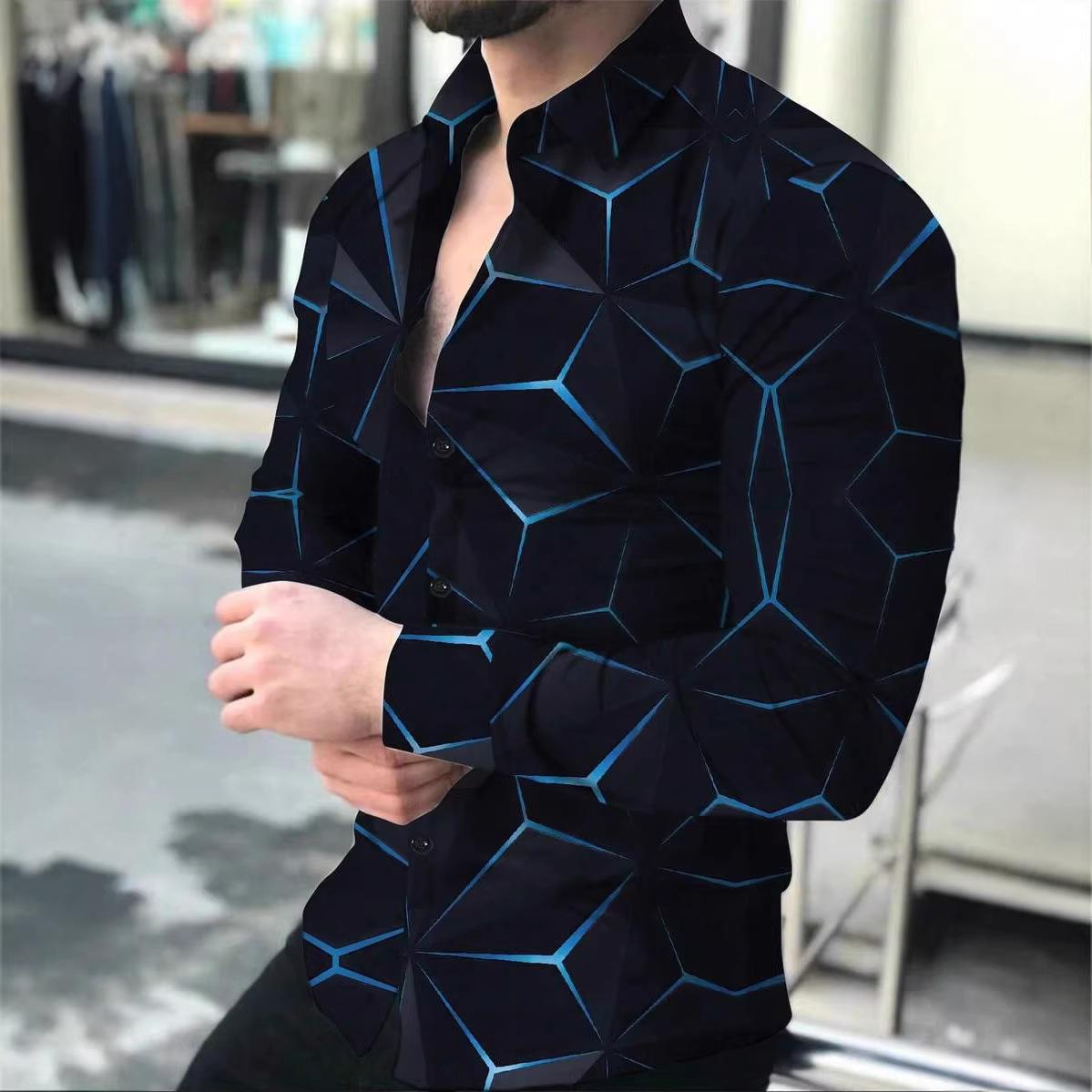 Men S Long Sleeve Striped Printed Turn Down Collar Shirt S