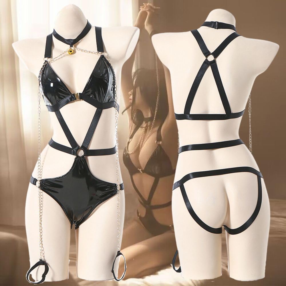 Sexy Bondage Enamel Lingerie Fishnet Tights Chain Set Queen Cosplay Leather Shiny Extreme Black Restraint Stockings [MONEON] 3-Piece Women's