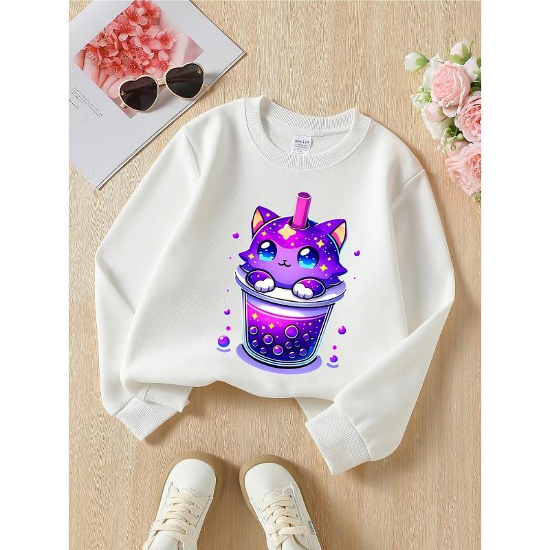 European sizes Crewneck Sweatshirt for Kids Featuring a Galaxy Cat with a Bubble Drink Design, Soft And Comfy Sports And Casual Wear