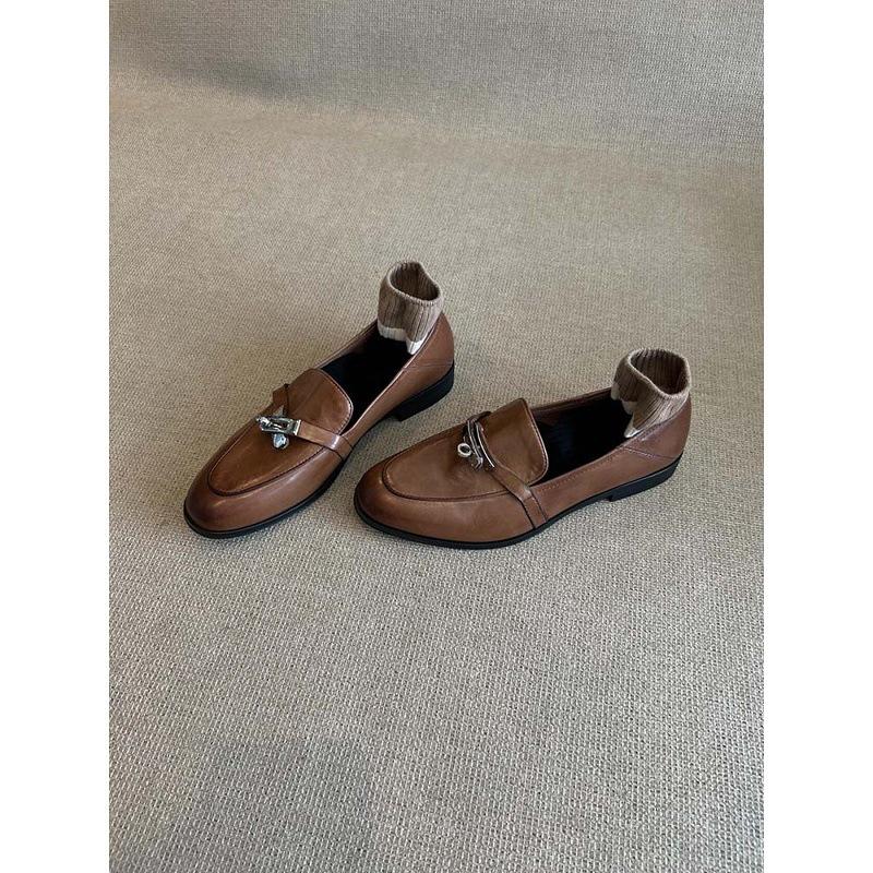 Sheepskin Version~ Genuine Leather Retro Horseback Buckle Loafers Women's Flat Single Shoes Lazy People Pedal British Style Small Leather Shoes