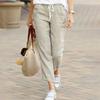Women's Hemp Pants Mid-rise Cropped Europe and America Summer New Leisure Solid Color Straight Trousers