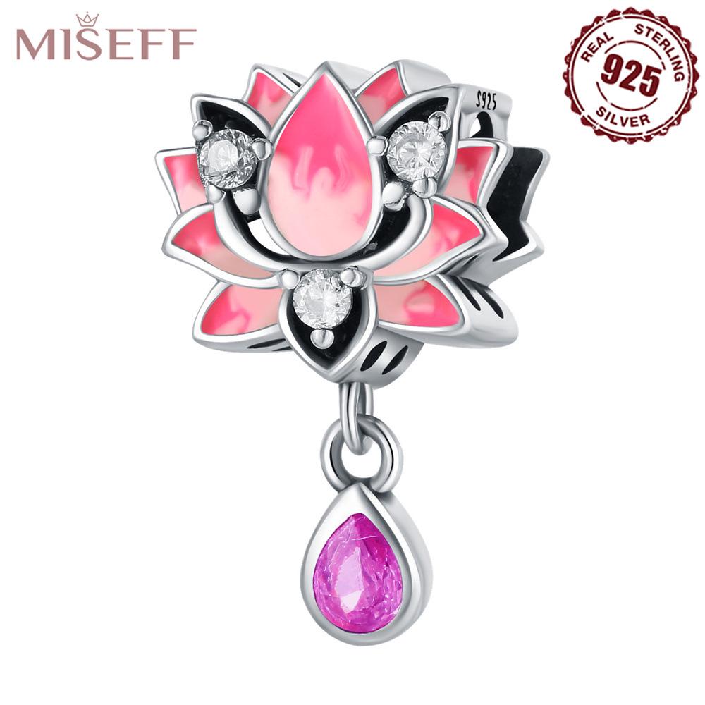 

925 Sterling Silver Lotus Beaded Bracelet with Pink Inlaid Stone Pendant 925 Silver