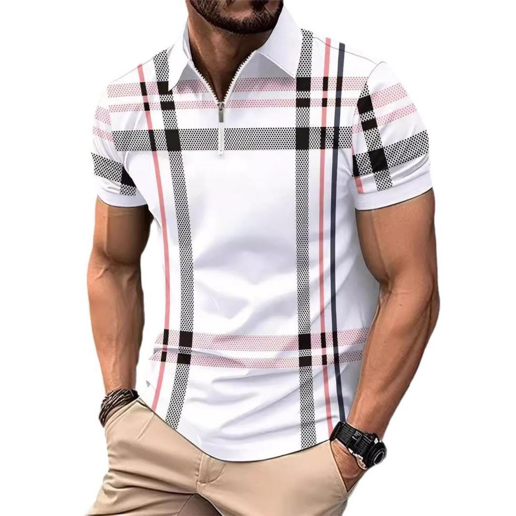 Letní kostkované tričko s krátkým rukávem Pánská ležérní polokošile s klopou