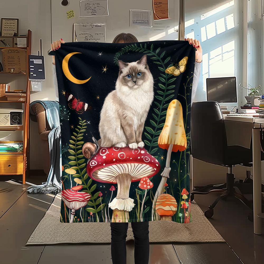 

Mushroom Animal Moon Print Flannel Blanket,High quality Comfortable for All Seasons,Home Decor,Warmth and Comfort,Perfect for Christmas Gifts 80cm x 120cm