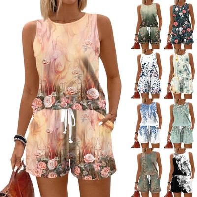 Women's Summer Colour Block Print Vest Sleeveless Top Shorts Set